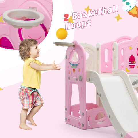 Toddler enjoying Toddler Slide And Climber Playset For Backyards Or Indoors A 9 In 1 Freestanding Kids Playground with hoops