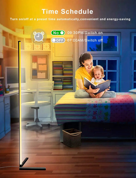 65 Inch Color Changing LED Floor Lamp With Music Sync Remote And App Control in a cozy bedroom setting