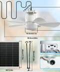 20 Inch Solar Ceiling Fan With 20000 Mah Battery And 30 Watt Panel Keeps Your Crew Chill On Hot Days Remote Control Dimmable Lights dimensions and solar panel.