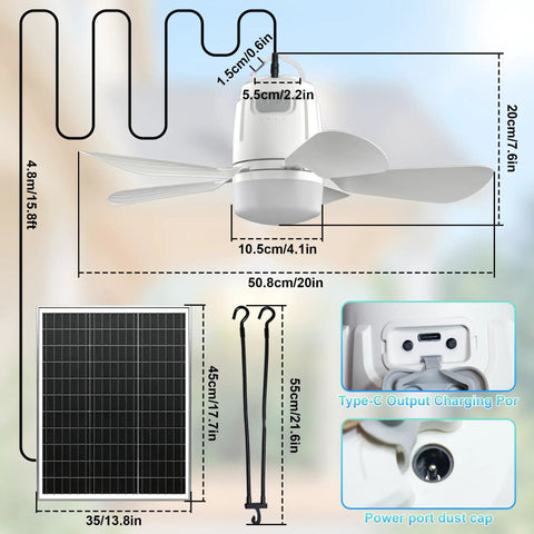 20 Inch Solar Ceiling Fan With 20000 Mah Battery And 30 Watt Panel Keeps Your Crew Chill On Hot Days Remote Control Dimmable Lights dimensions and solar panel.