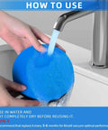 Rinsing a blue scented replacement filter for Febreze 1214 vacuum under a faucet, emphasizing cleaning for longevity.