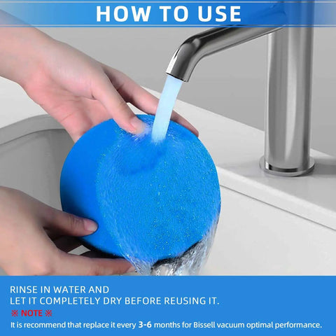 Rinsing a blue scented replacement filter for Febreze 1214 vacuum under a faucet, emphasizing cleaning for longevity.