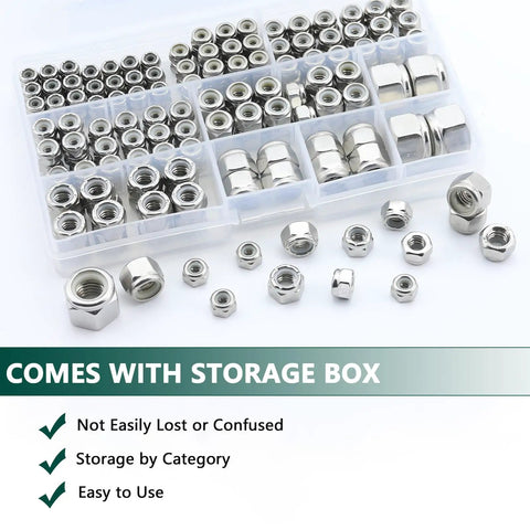 220 Pieces Nylon Insert Lock Nut Set In 304 Stainless Steel with storage box showcasing varied sizes for DIY projects
