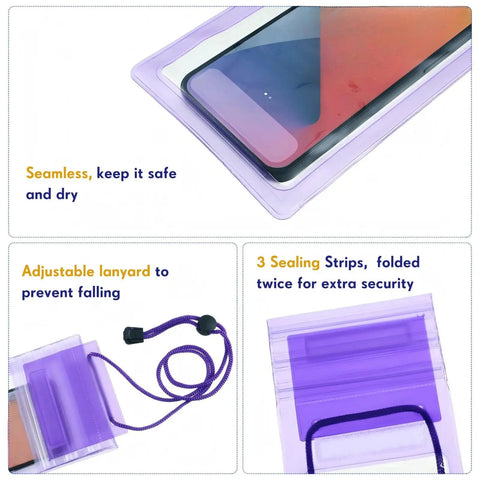 50 Pack Clear Waterproof Phone Pouches with Adjustable Lanyards, showcasing sealing strips and lanyard, purple color option