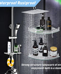 Two Tier Tempered Glass Corner Shower Shelves With Extra Hangers Rustproof Aluminum Bath Organizer under rain shower
