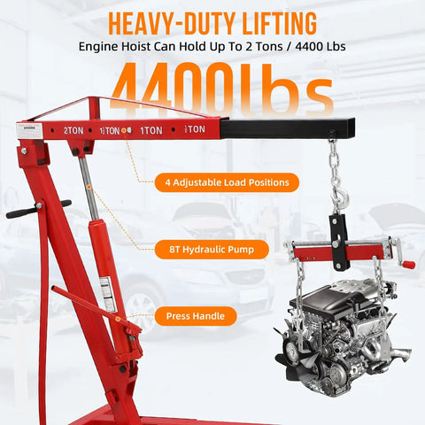 Hydraulic Engine Hoist And Cherry Picker Featuring 2 Ton 4000 Lb Capacity, showing 8T hydraulic pump and adjustable load positions.