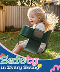 Child on High Back Toddler Bucket Swing With Coated Chains And Locking Buckles For Safety, Kid Friendly Setup Outdoor Swing, green