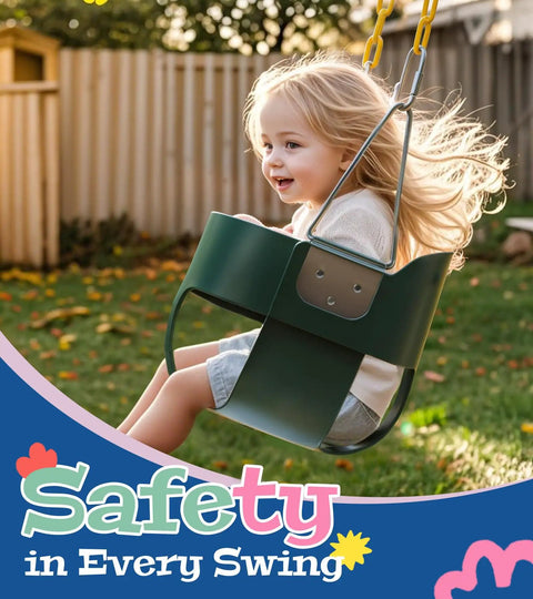 Child on High Back Toddler Bucket Swing With Coated Chains And Locking Buckles For Safety, Kid Friendly Setup Outdoor Swing, green