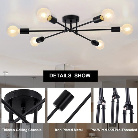 Dope Six Light Sputnik Black Chandelier Semi Flush Mount Ceiling Light With E26 Base LED Compatible, close-up view