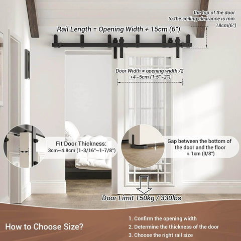 8 Ft Double Track Bypass Sliding Barn Door Hardware Kit For Two Doors, installed view, black powder-coated steel rails, interior room