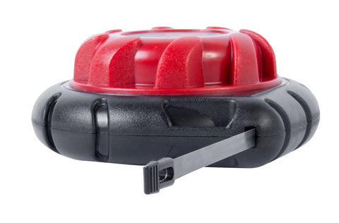 Side angle of Mini Cable Snake 15 Ft Steel Fish Tape For Electrical Wiring Compact Rugged Wire Fishing Tape with red and black housing