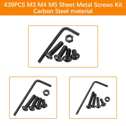Extensive 439 Piece Metric Bolt and Nut Kit With M3 M4 M5 Screws Lock and Flat Washers Pro Grade 10.9 Alloy Steel Hex Socket Button Head Silver Finish Ideal for Hardware Projects 3D Printing and DIY Repairs