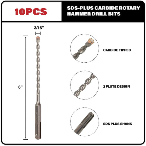Front view: 3/16 in x 6 in SDS-Plus carbide-tipped rotary hammer drill bit, 10-pack with SDS shank