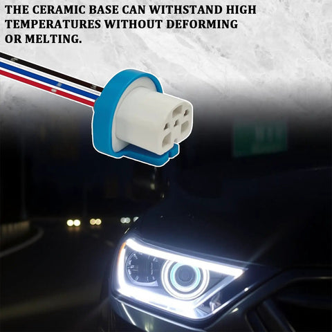 Hella Tough Headlight Wiring Harness With 3 Pin Ceramic Connector Plug Replacement For 9007 9004 HB1 HB5 Bulbs close-up of ceramic base and pigtail.