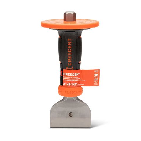 3 Inch Brick Chisel With Heavy Duty Hand Guard For Masonry Projects, Non Slip Guard, Heat Treated Steel, Rust Resistant Lacquer Finish