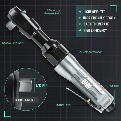 Built Different Heavy Duty 17 Piece Air Tool Kit With 1/2 Inch Pneumatic Impact Wrench Ratchet Set And Torque Wrench Shop Grade Gear Smooth Power For Mechanics Includes Durable Carry Case Featuring a 1/2 inch air ratchet wrench.