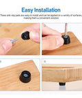 Installation steps for Screw-On Rubber Feet Set For Furniture And Appliances, 240-Piece PVC Foot Pads with Washers on wood.