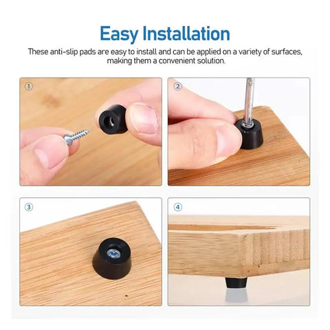 Installation steps for Screw-On Rubber Feet Set For Furniture And Appliances, 240-Piece PVC Foot Pads with Washers on wood.