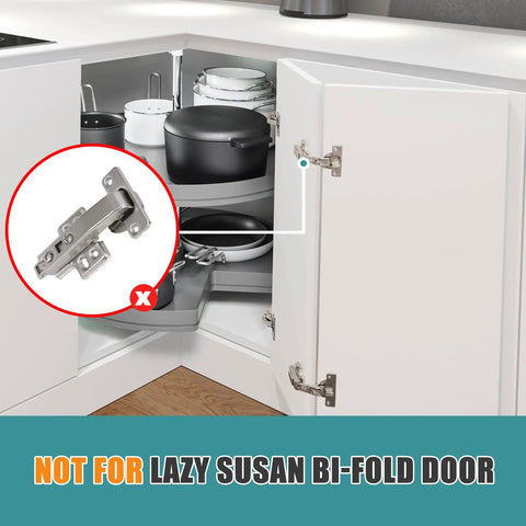 Two Pack 90 Degree Blind Corner Cabinet Hinge shown in kitchen setup with frameless cabinets, not for Lazy Susan bi-fold door.