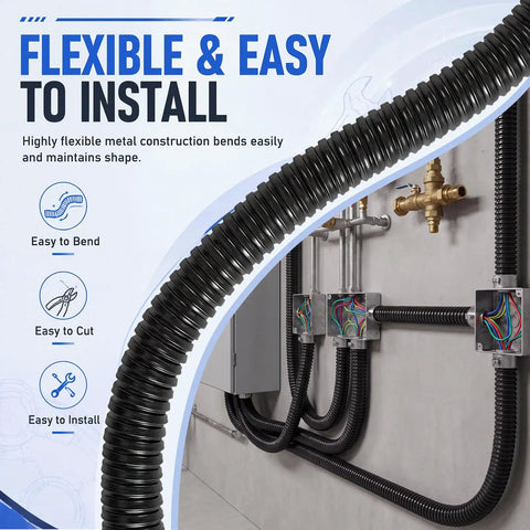 Rock Solid Black Liquid Tight Flexible Conduit For Electrical Wiring And Cable Management 25 Foot 1 Inch installed in a wall with valves.