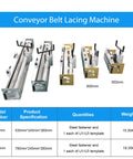 Conveyor Belt Lacing Machine with specifications for 350mm and 600mm models, steel fasteners, and templates shown.