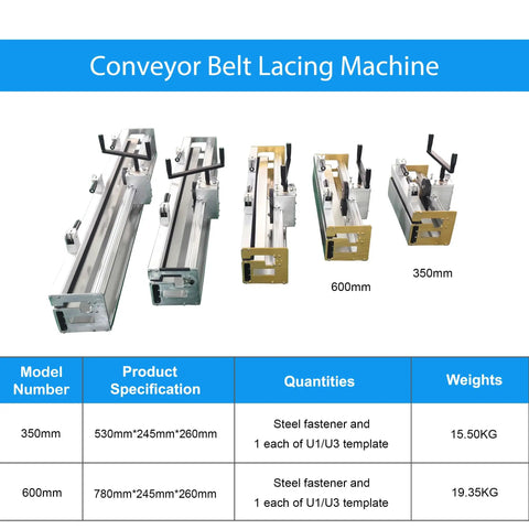 Conveyor Belt Lacing Machine with specifications for 350mm and 600mm models, steel fasteners, and templates shown.