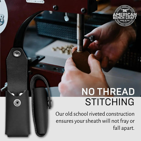 Beefy Full Grain Leather Belt Tool Holder being handcrafted with riveted construction for Surge Super Tool 300 Core Multitools.