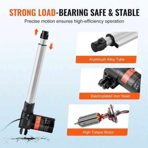 Knockout 12V DC Linear Actuator 10 Inch Stroke 1320 Lbs Force with aluminum alloy tube and electroplated iron head details.