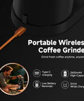 Aaobosi Cordless Burr Coffee Grinder Rechargeable With 60 Settings And Anti Static Design Digital Timer Touchscreen Portable Electric Hand showing Type-C charging.