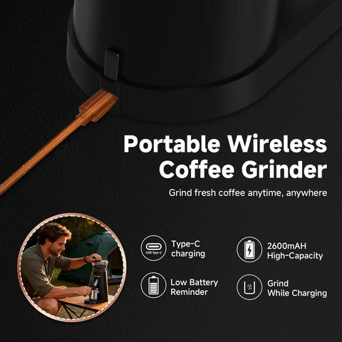 Aaobosi Cordless Burr Coffee Grinder Rechargeable With 60 Settings And Anti Static Design Digital Timer Touchscreen Portable Electric Hand showing Type-C charging.
