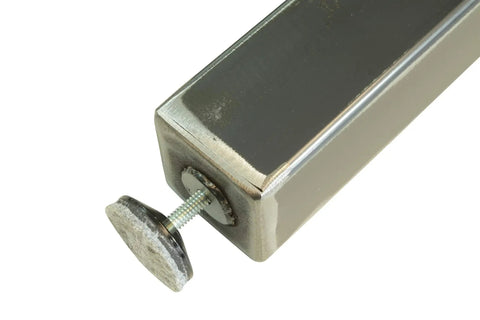 Close-up of Rustic Industrial Style Metal Table Leg with adjustable leveling foot, showing 2x2 steel structure and natural finish.