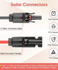 Diagram of solar connectors with male and female markings, showcasing features and certifications for 10AWG Solar Panel Cable Connector Kit