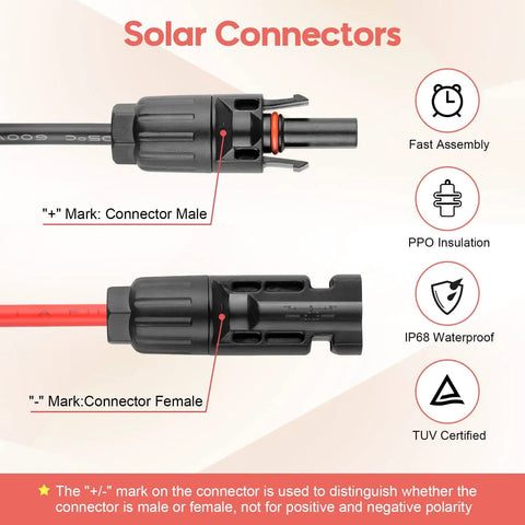 Diagram of solar connectors with male and female markings, showcasing features and certifications for 10AWG Solar Panel Cable Connector Kit
