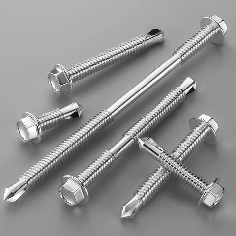 Size 12 By 3 Inch Hardened 410 Stainless Steel Self Drilling Screws Heavy Duty Slick Threading Superior Grip For Quick Sheet Metal Fastening 120 Piece Bulk Pack against a grey background.