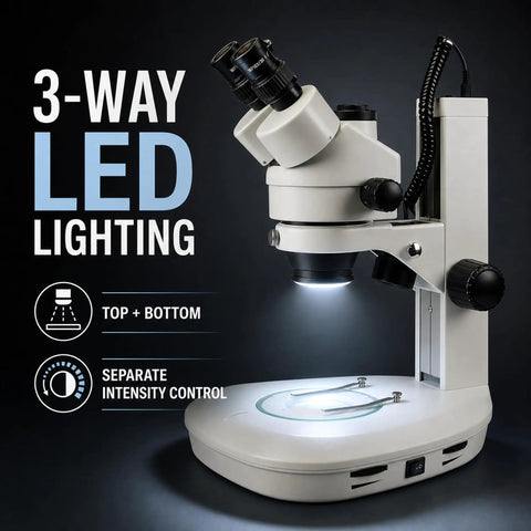 Trinocular Stereo Zoom Microscope 3.5X To 90X With Dual LED Illumination And 45 Degree Inclined Head, 360 Degree Rotating Ocular Tubes, Diopter Adjustment For Both Tubes, Long Life Cool LED Lighting With Adjustable Intensity; 3-way LED