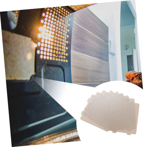 10 Pieces Microwave Waveguide Mica Sheets Heat Resistant Insulation Covers shown near an open kitchen oven.