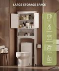 Premium Over The Toilet Storage Cabinet Featuring Adjustable Solid Wood Shelves And Deep Storage Bins For Rolls And Towels In A Sleek White Bathroom Organizer with towels and toiletries visible.