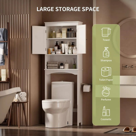 Premium Over The Toilet Storage Cabinet Featuring Adjustable Solid Wood Shelves And Deep Storage Bins For Rolls And Towels In A Sleek White Bathroom Organizer with towels and toiletries visible.