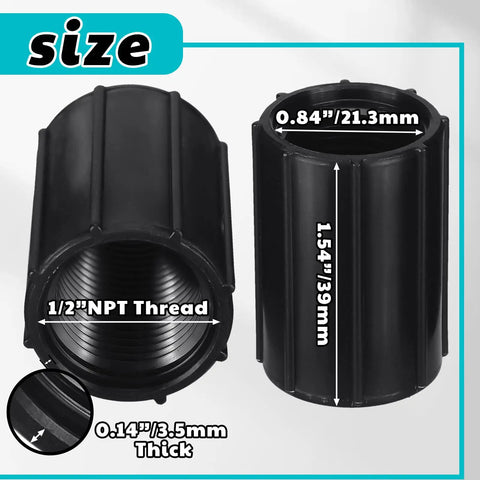 10 Pack 1/2 Inch PVC Double Female Threaded Couplings For Sprinkler Extension Riser Garden Drip Irrigation System Fittings NPT Coupler For Irrigation Tubing And Yard Sprinklers, showing side view with 0.84 inch diameter and 1.54 inch height