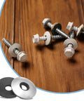 60 Piece Heavy Duty Sealing Washers 1/4 Inch By 3/4 Inch crafted from rock solid 304 stainless steel with screws on wood.