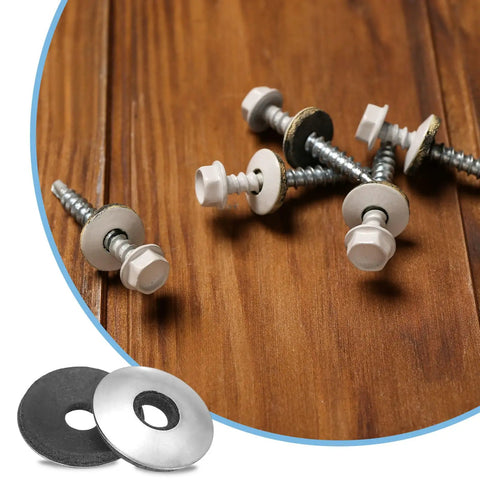 60 Piece Heavy Duty Sealing Washers 1/4 Inch By 3/4 Inch crafted from rock solid 304 stainless steel with screws on wood.
