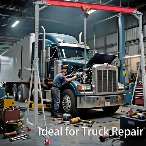 Beefed Up Heavy Duty Gantry Crane 2000 lb Portable Lift with Trolley Hoist in truck repair shop