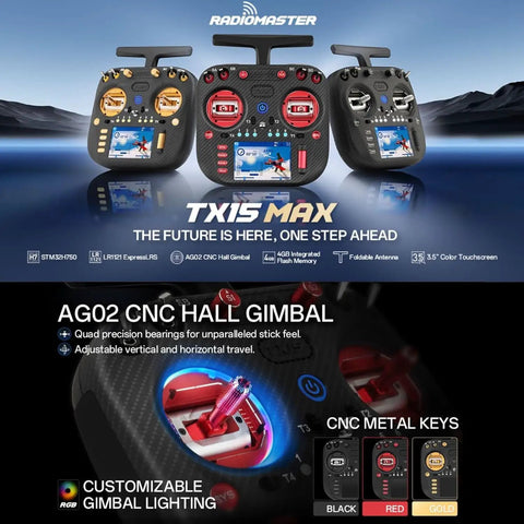 RadioMaster TX15 Max featuring 16 Channel ELRS Transmitter With AG02 CNC Hall Gimbals And 3.5 Inch IPS Touchscreen in gold, red, black