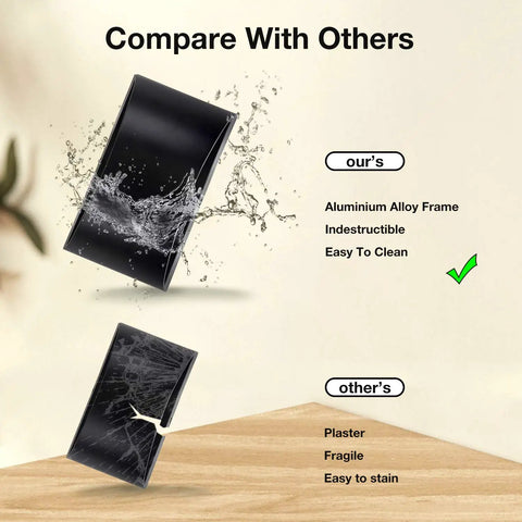 Comparison of black aluminum framed wall sconce versus plaster sconce highlighting material durability and cleanliness.