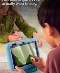 Heavy Duty Seven Inch Tablets For Kids Ages Three To Seven Loaded With No Sweat Parental Controls Ad Free Fun Kid Tough Case And All Day Battery Juice Included Today, child using tablet in blue case.