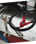 Universal 14 Inch Red PU Steering Wheel With Horn Button for car golf cart and racing simulator over workshop table
