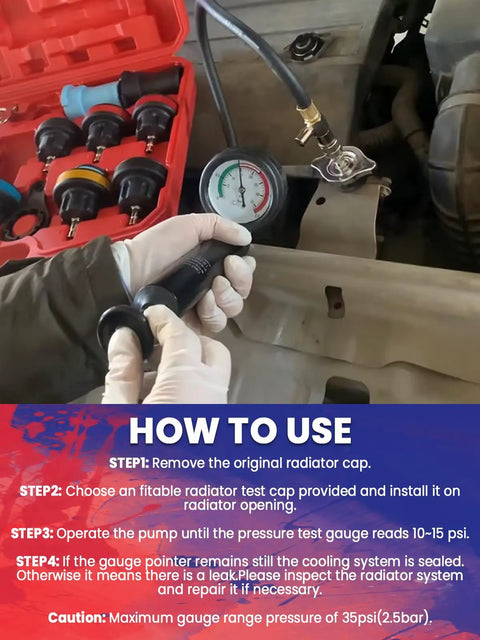 Pro Grade 18 Piece Radiator Coolant Pressure Tester Kit For Domestic And Import Vehicle Cooling Systems Leak Detection in use.