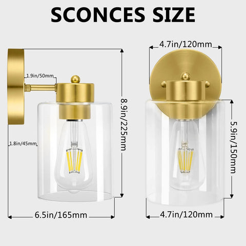 Brushed Gold Wall Sconces Set Of Two With Clear Glass Shades, size dimensions for Modern Brass Vanity Lights For Bathroom