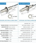 Capacitive Proximity Sensor With NPN And PNP Output For Metal Pipe Applications M12 6mm Sensing Non Flush Mount High Sensitivity And Fast Response Durable Metal Body Versatile Industrial Automation Sensor, showing M12 flush and non-flush models with specifications.