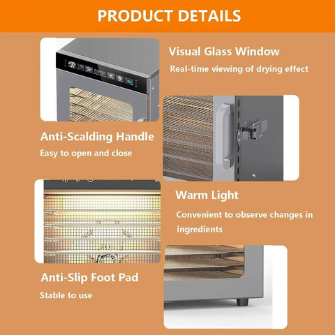 Commercial Electric Food Dehydrator Stainless Steel Jerky Maker With Reliable Touch Controls For No Hassle Drying Of Fruits Meats Vegetables Herbs And Snack Game Changers features visual glass window, anti-scalding handle, warm light, and anti-slip foot pad.